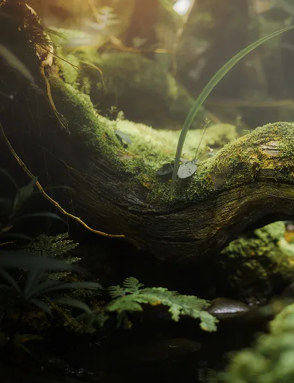 A close-up of a moss-covered tree branch surrounded by lush green foliage in a serene forest setting.
