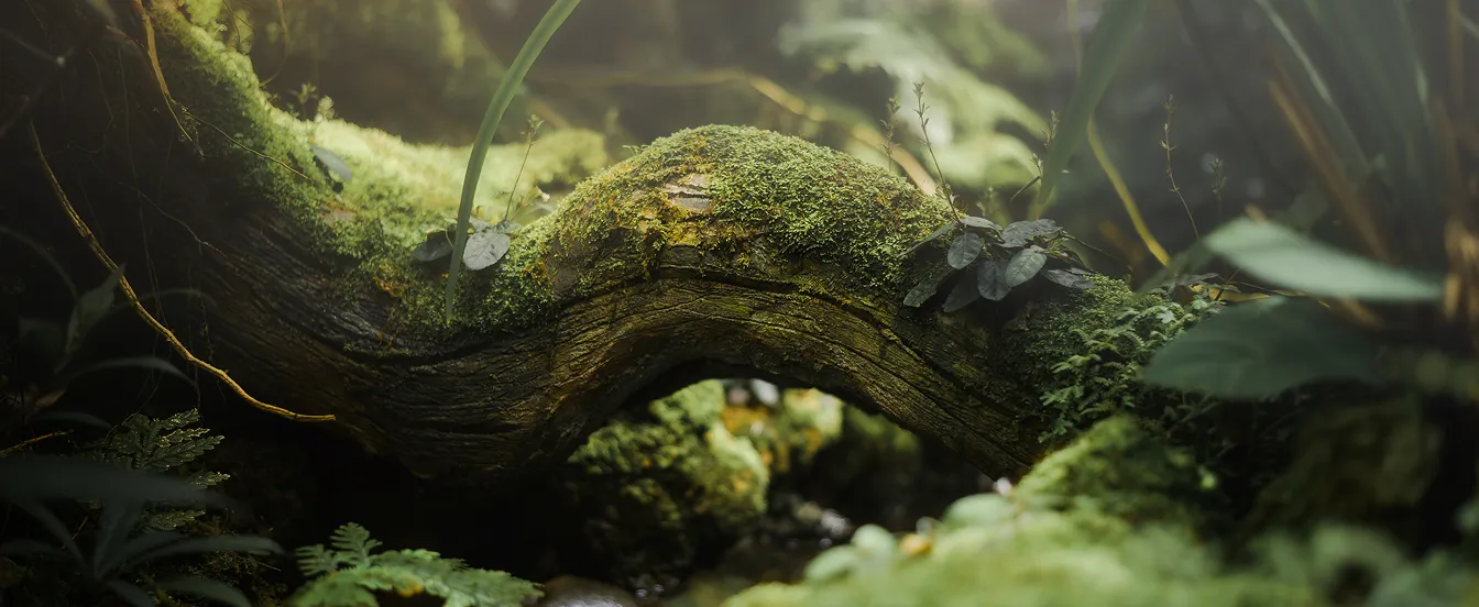 A close-up of a moss-covered tree branch surrounded by lush green foliage in a serene forest setting.