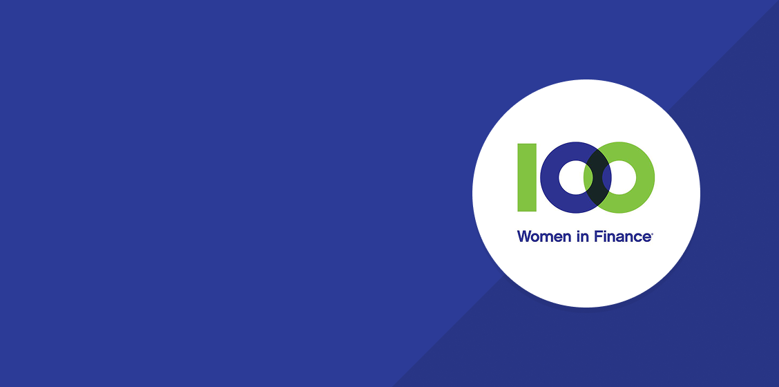 Logo with the text ‘100 Women in Finance’ on a blue background with a white circle.