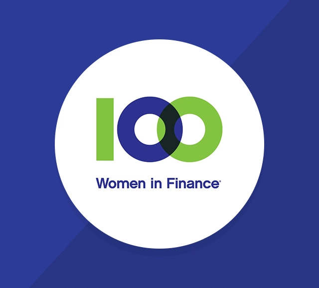 Logo with the text ‘100 Women in Finance’ on a blue background with a white circle.