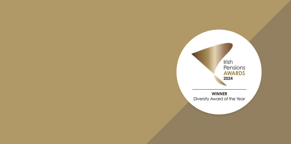 Logo for the Irish Pensions Awards 2023 showing winner of the Diversity Award of the Year on a gold background.