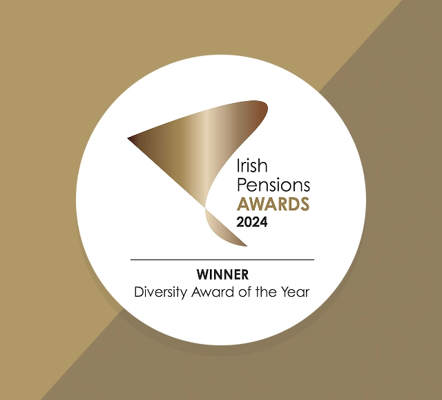 Logo for the Irish Pensions Awards 2023 showing winner of the Diversity Award of the Year on a gold background.